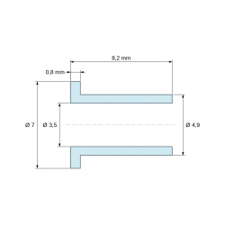 Disegno quotato 8,2 mm, Boccola di isolamento flangiata Ø3,5x7mm, spallamento alto Ø4,9mm, nylon PA6.6 nero rinforzato con fibra di vetro UL94-HB