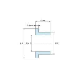 Disegno quotato 4 mm, Boccola di isolamento flangiata Ø4,5x8mm, spallamento alto Ø6mm, nylon PA6.6 nero rinforzato con fibra di vetro UL94-HB