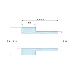 Disegno quotato 10,5 mm, Boccola di isolamento flangiata Ø4,1x8mm, spallamento alto Ø5,6mm, nylon PA6.6 nero rinforzato con fibra di vetro UL94-HB