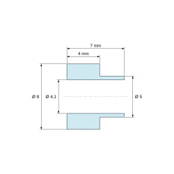 Disegno quotato 7 mm, Boccola di isolamento flangiata Ø4,1x8mm, spallamento basso Ø5mm, nylon PA6.6 nero rinforzato con fibra di vetro UL94-HB