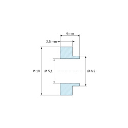 Disegno quotato 4 mm, Boccola di isolamento flangiata Ø5,1x10mm, spallamento alto Ø6,2mm, nylon PA6.6 nero rinforzato con fibra di vetro UL94-HB
