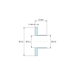 Disegno quotato 5 mm, Boccola di isolamento flangiata Ø5,1x12mm, spallamento alto Ø5,5mm, nylon PA6.6 nero rinforzato con fibra di vetro UL94-HB