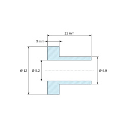 Disegno quotato 11 mm, Boccola di isolamento flangiata Ø5,2x12mm, spallamento alto Ø6,9mm, nylon PA6.6 nero rinforzato con fibra di vetro UL94-HB
