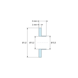 Disegno quotato 3 mm, Boccola di isolamento flangiata Ø5,2x12mm, spallamento alto Ø5,5mm, nylon PA6.6 nero rinforzato con fibra di vetro UL94-HB