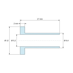 Disegno quotato 17 mm, Boccola di isolamento flangiata Ø5,2x12mm, spallamento alto Ø6,4mm, nylon PA6.6 nero rinforzato con fibra di vetro UL94-HB