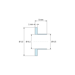 Disegno quotato 5 mm, Boccola di isolamento flangiata Ø6,1x12mm, spallamento alto Ø6,5mm, nylon PA6.6 nero rinforzato con fibra di vetro UL94-HB