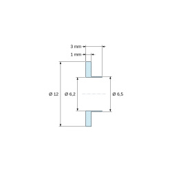 Disegno quotato 3 mm, Boccola di isolamento flangiata Ø6,2x12mm, spallamento alto Ø6,5mm, nylon PA6.6 nero rinforzato con fibra di vetro UL94-HB