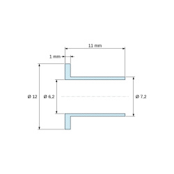 Disegno quotato 11 mm, Boccola di isolamento flangiata Ø6,2x12mm, spallamento alto Ø7,2mm, nylon PA6.6 nero rinforzato con fibra di vetro UL94-HB