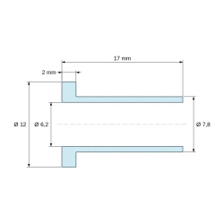 Disegno quotato 17 mm, Boccola di isolamento flangiata Ø6,2x12mm, spallamento alto Ø7,8mm, nylon PA6.6 nero rinforzato con fibra di vetro UL94-HB
