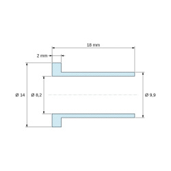 Disegno quotato 18 mm, Boccola di isolamento flangiata Ø8,2x14mm, spallamento alto Ø9,9mm, nylon PA6.6 nero rinforzato con fibra di vetro UL94-HB