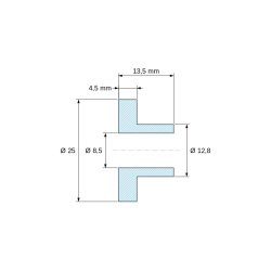 Disegno quotato 13,5 mm, Boccola di isolamento flangiata Ø8,5x25mm, spallamento alto Ø12,8mm, nylon PA6.6 nero rinforzato con fibra di vetro UL94-HB