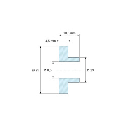 Disegno quotato 10,5 mm, Boccola di isolamento flangiata Ø8,5x25mm, spallamento alto Ø13mm, nylon PA6.6 nero rinforzato con fibra di vetro UL94-HB