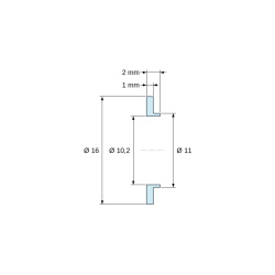 Disegno quotato 2 mm, Boccola di isolamento flangiata Ø10,2x16mm, spallamento alto Ø11mm, nylon PA6.6 nero rinforzato con fibra di vetro UL94-HB