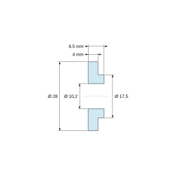 Disegno quotato 6,5 mm, Boccola di isolamento flangiata Ø10,2x28mm, spallamento alto Ø17,5mm, nylon PA6.6 nero rinforzato con fibra di vetro UL94-HB