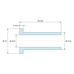 Disegno quotato 35 mm, Boccola di isolamento flangiata Ø10,5x21mm, spallamento alto Ø14,5mm, nylon PA6.6 nero rinforzato con fibra di vetro UL94-HB