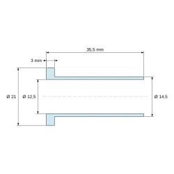 Disegno quotato 35,5 mm, Boccola di isolamento flangiata Ø12,5x21mm, spallamento alto Ø14,5mm, nylon PA6.6 nero rinforzato con fibra di vetro UL94-HB