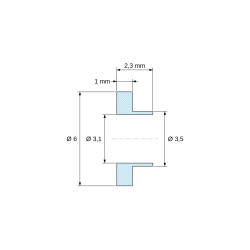 Disegno quotato 2,3 mm, Boccola di isolamento flangiata Ø3,1x6mm, spallamento alto Ø3,5mm, nylon PA6.6 nero rinforzato con fibra di vetro UL94-HB