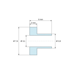 Disegno quotato 6 mm, Boccola isolante flangiata Ø3,1x7,6mm, spallamento alto Ø3,9mm, altezza 6mm, PA6.6 nero rinforzato vetro UL94-HB