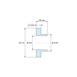 Disegno quotato 2,8 mm, Boccola di isolamento flangiata Ø3,6x7,4mm, spallamento basso Ø4,32mm, nylon PA6.6 naturale UL94-V2