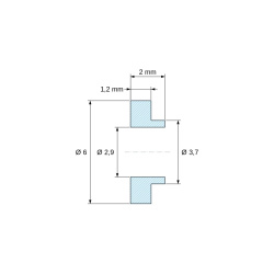 Disegno quotato 2 mm, Boccola di isolamento flangiata Ø2,9x6mm, spallamento basso Ø3,7mm, nylon PA6.6 naturale UL94-V2