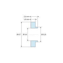 Disegno quotato 2,4 mm, Boccola di isolamento flangiata Ø4,4x8,7mm, spallamento basso Ø5,21mm, nylon PA6.6 naturale UL94-V0