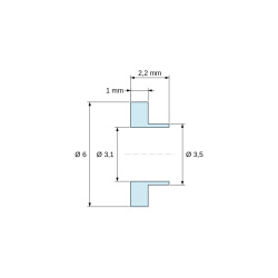 Disegno quotato 2,2 mm, Boccola di isolamento flangiata Ø3,1x6mm, spallamento basso Ø3,5mm, nylon PA4.6 nero rinforzato con fibra di vetro UL94-V0