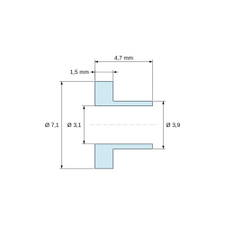 Disegno quotato 4,7 mm, Boccola di isolamento flangiata Ø3,1x7,1mm, spallamento basso Ø3,9mm, nylon PA4.6 nero rinforzato con fibra di vetro UL94-V0