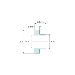 Disegno quotato 2,4 mm, Boccola di isolamento flangiata Ø2,7x5mm, spallamento basso Ø3,1mm, nylon PA6.6 nero rinforzato con fibra di vetro UL94-HB