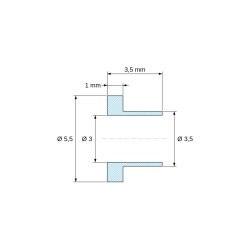 Disegno quotato 3,5 mm, Boccola di isolamento flangiata Ø3x5,5mm, spallamento basso Ø3,5mm, nylon PA6.6 nero rinforzato con fibra di vetro UL94-HB