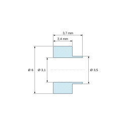 Disegno quotato 3,7 mm, Boccola di isolamento flangiata Ø3,1x6mm, spallamento basso Ø3,5mm, nylon PA6.6 nero rinforzato con fibra di vetro UL94-HB