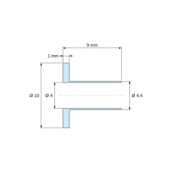 Disegno quotato 9 mm, Boccola di isolamento flangiata Ø4x10mm, spallamento basso Ø4,4mm, nylon PA6.6 nero rinforzato con fibra di vetro