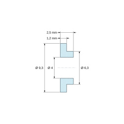 Disegno quotato 2,5 mm, Boccola di isolamento flangiata Ø4x9,3mm, spallamento basso Ø6,3mm, nylon PA6.6 nero rinforzato con fibra di vetro