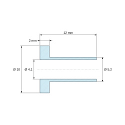 Disegno quotato 12 mm, Boccola di isolamento flangiata Ø4,1x10mm, spallamento basso Ø5,2mm, nylon PA6.6 nero rinforzato con fibra di vetro UL94-HB