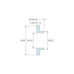 Disegno quotato 2,5 mm, Boccola di isolamento flangiata Ø5,2x10mm, spallamento basso Ø6,2mm, nylon PA6.6 nero rinforzato con fibra di vetro