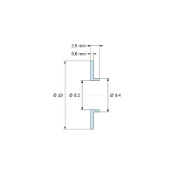 Disegno quotato 2,5 mm, Boccola di isolamento flangiata Ø8,2x19mm, spallamento basso Ø9,4mm, nylon PA6.6 nero rinforzato con fibra di vetro UL94-HB