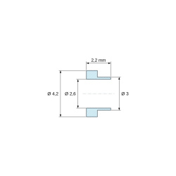 Disegno quotato 2,2 mm, Boccola di isolamento flangiata Ø2,6x4,2mm, spallamento basso Ø3mm, PTFE naturale UL94-V0