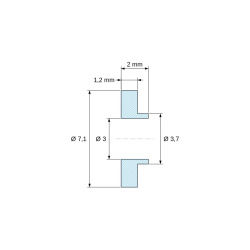 Disegno quotato 2 mm, Boccola di isolamento flangiata Ø3x7,1mm, spallamento basso Ø3,7mm, solfuro di polifenilene PPS nero UL94-V0