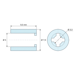 Disegno quotato 9,5 mm, Distanziale liscio auto-ritenente, PA6.6 naturale, UL94-V2, Ø5 × 7,9 mm, per vite M5