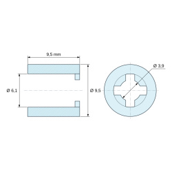 Disegno quotato 9,5 mm, Distanziale liscio auto-ritenente, PA6.6 naturale, UL94-V2, Ø6,1 × 9,5 mm, per vite M6
