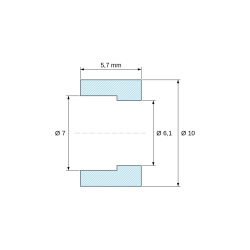 Disegno quotato 5,7 mm, Distanziale con foro a gradino, PA6.6 naturale, UL94-V2, Ø6,1 × 10 mm, per vite M6