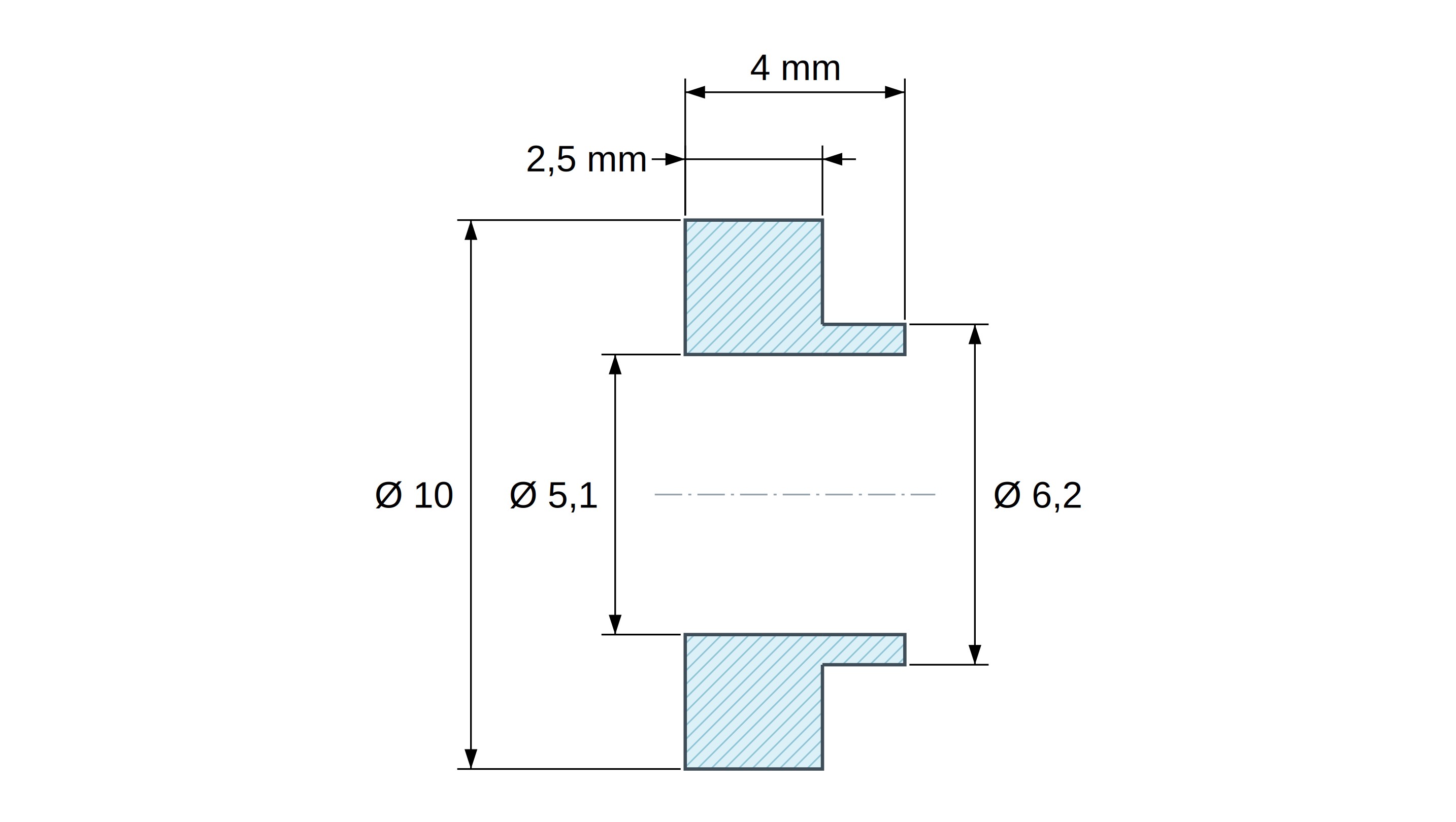 Boccola di isolamento flangiata Ø5,1x10mm, spallamento alto Ø6,2mm, nylon PA6.6 nero rinforzato con fibra di vetro UL94-HB