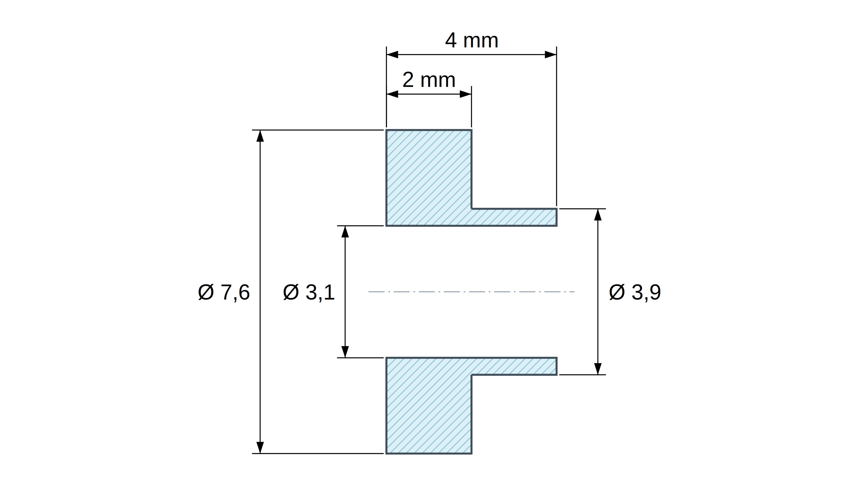 Boccola di isolamento flangiata Ø3,1x7,6mm, spallamento alto Ø3,9mm, nylon PA6.6 nero rinforzato con fibra di vetro UL94-HB