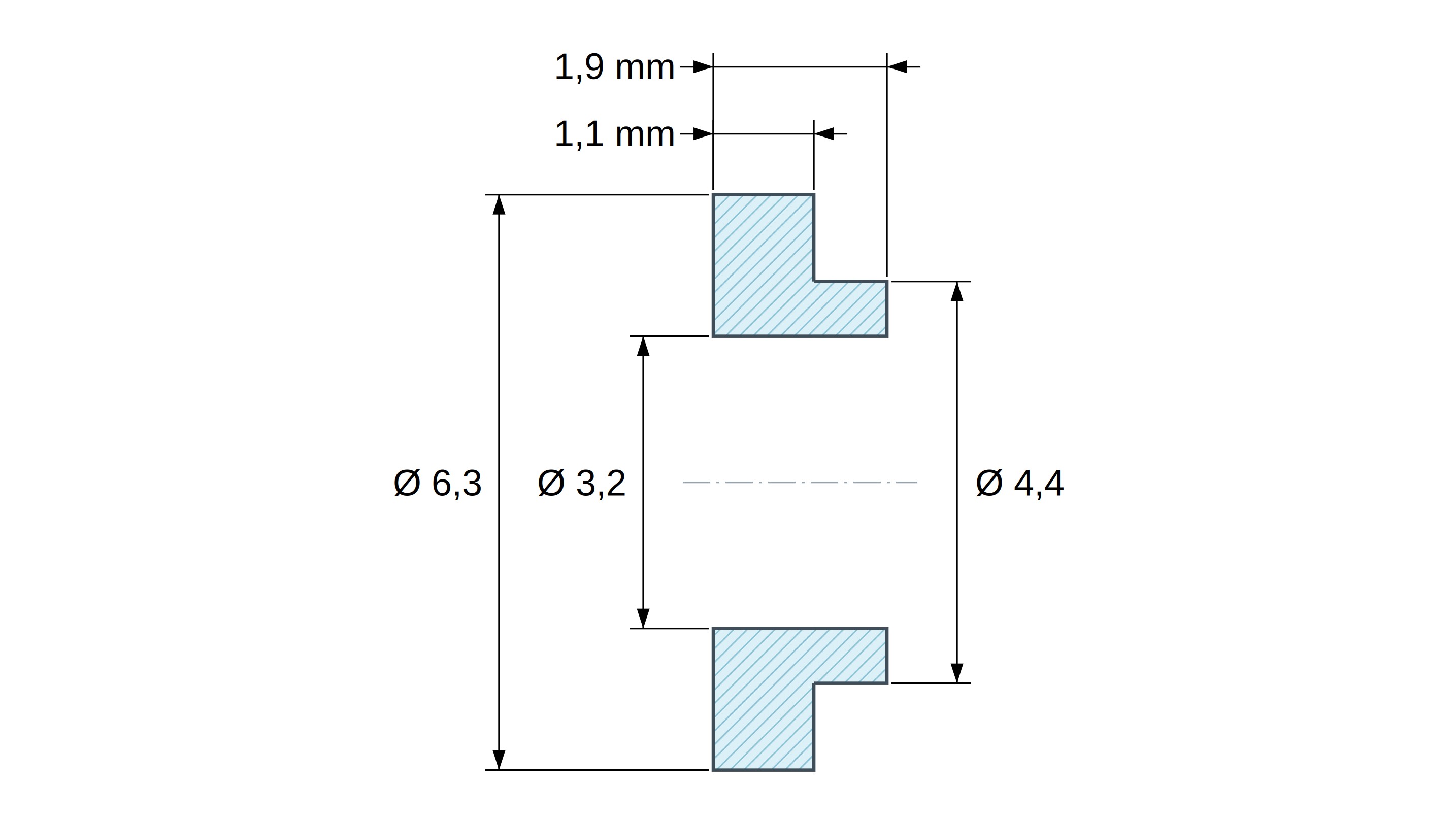 Boccola di isolamento flangiata Ø3,2x6,3mm, spallamento basso Ø4,4mm, nylon PA4.6 nero rinforzato con fibra di vetro UL94-V0
