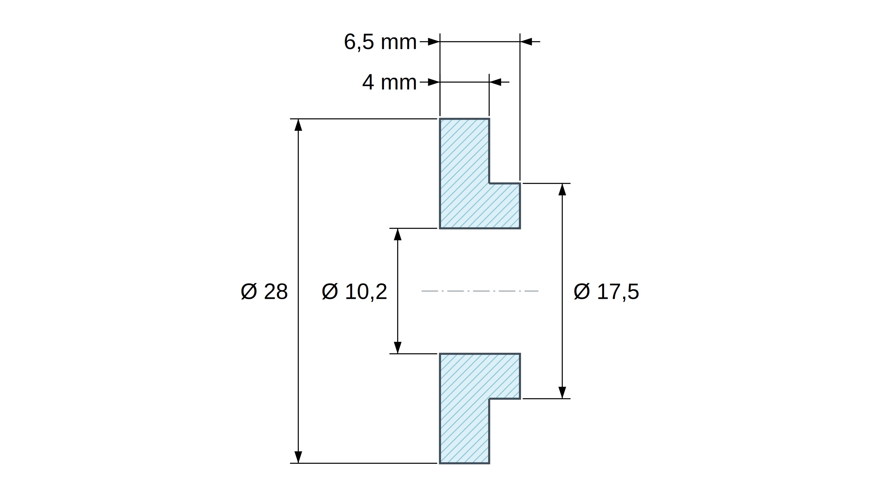 Boccola di isolamento flangiata Ø10,2x28mm, spallamento alto Ø17,5mm, nylon PA6.6 nero rinforzato con fibra di vetro UL94-HB