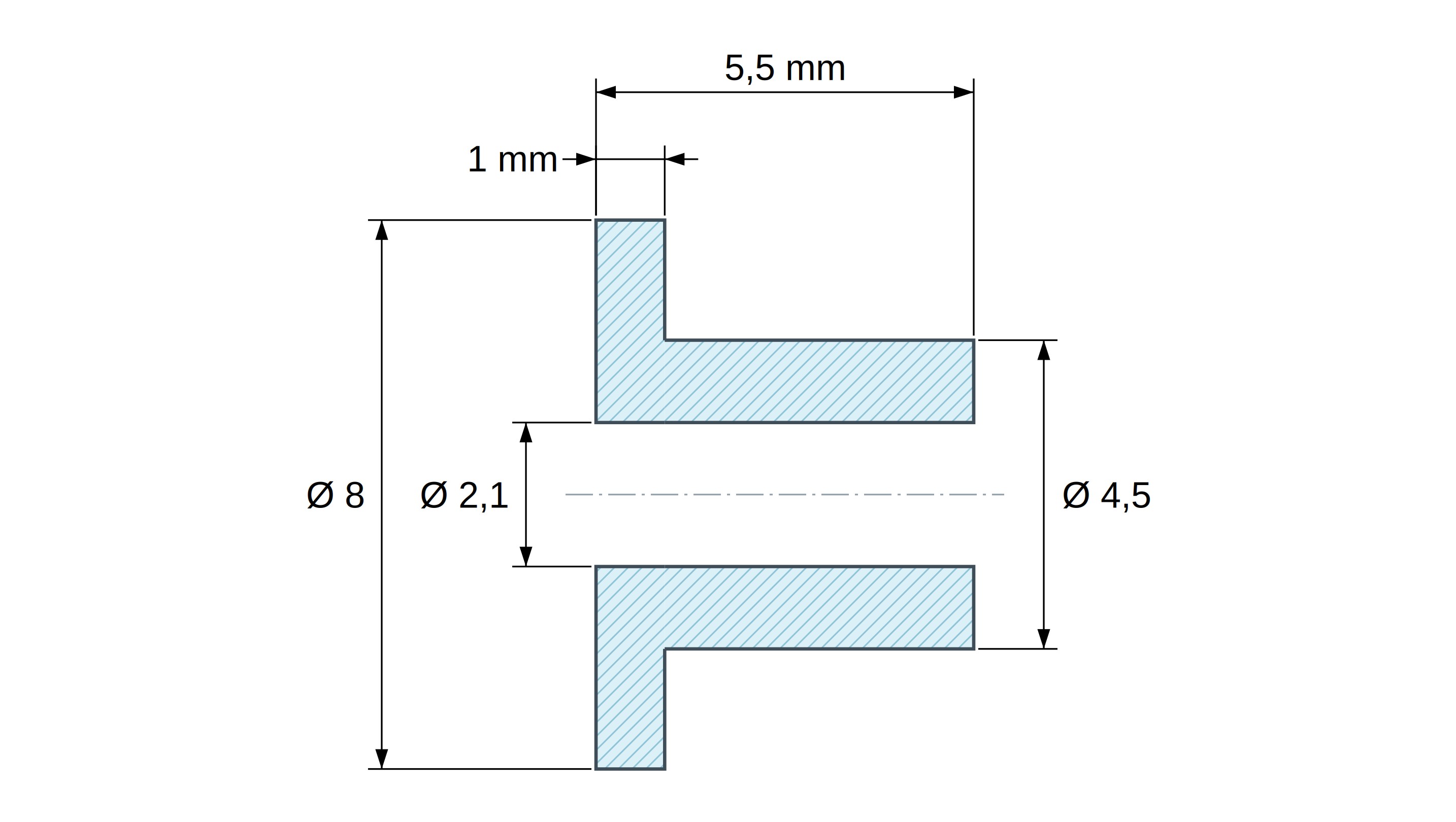 Boccola di isolamento flangiata Ø2,1x8mm, spallamento alto Ø4,5mm, nylon PA6.6 nero rinforzato con fibra di vetro UL94-HB