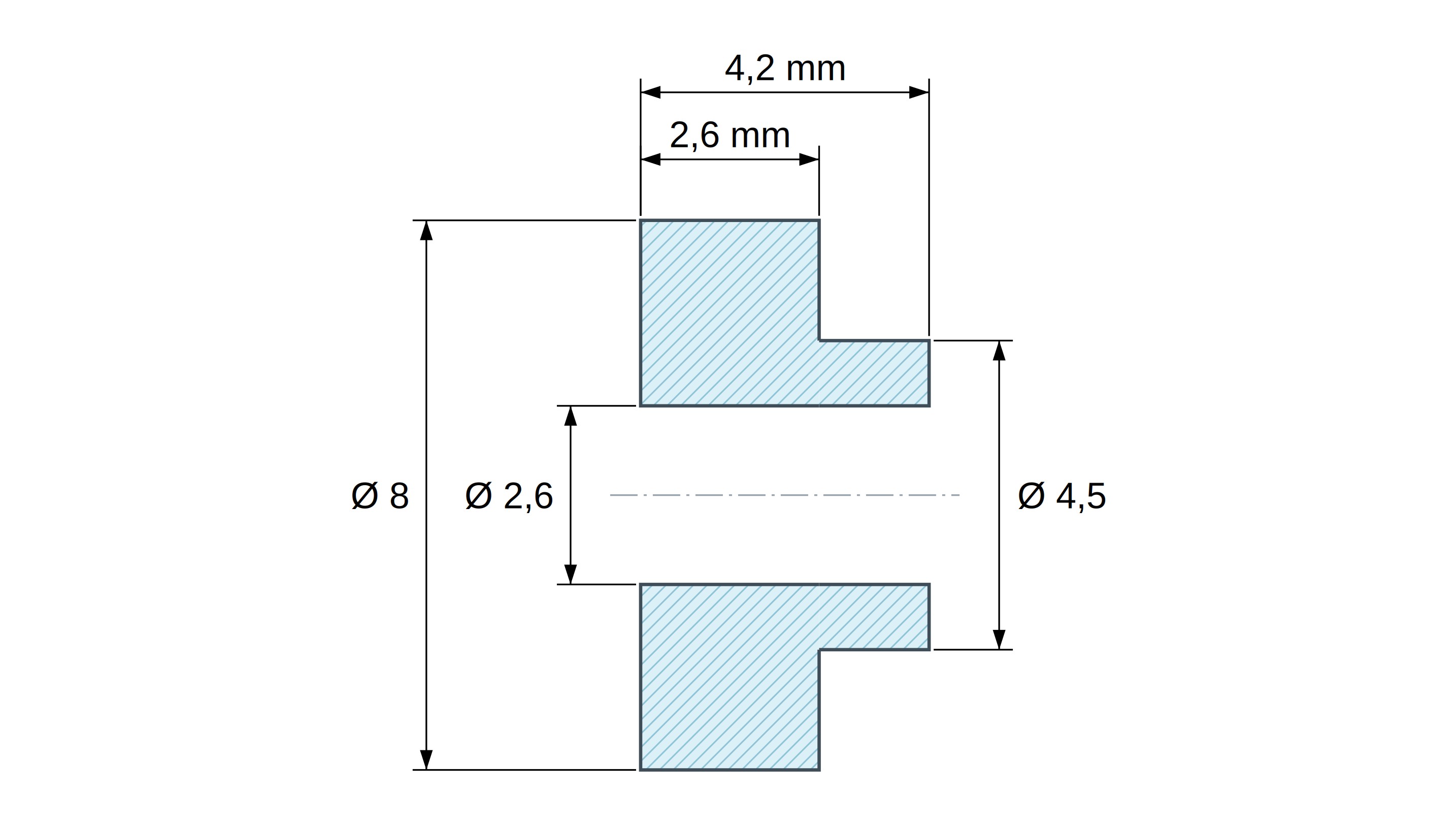 Boccola di isolamento flangiata Ø2,6x8mm, spallamento basso Ø4,5mm, nylon PA6.6 nero rinforzato con fibra di vetro UL94-HB