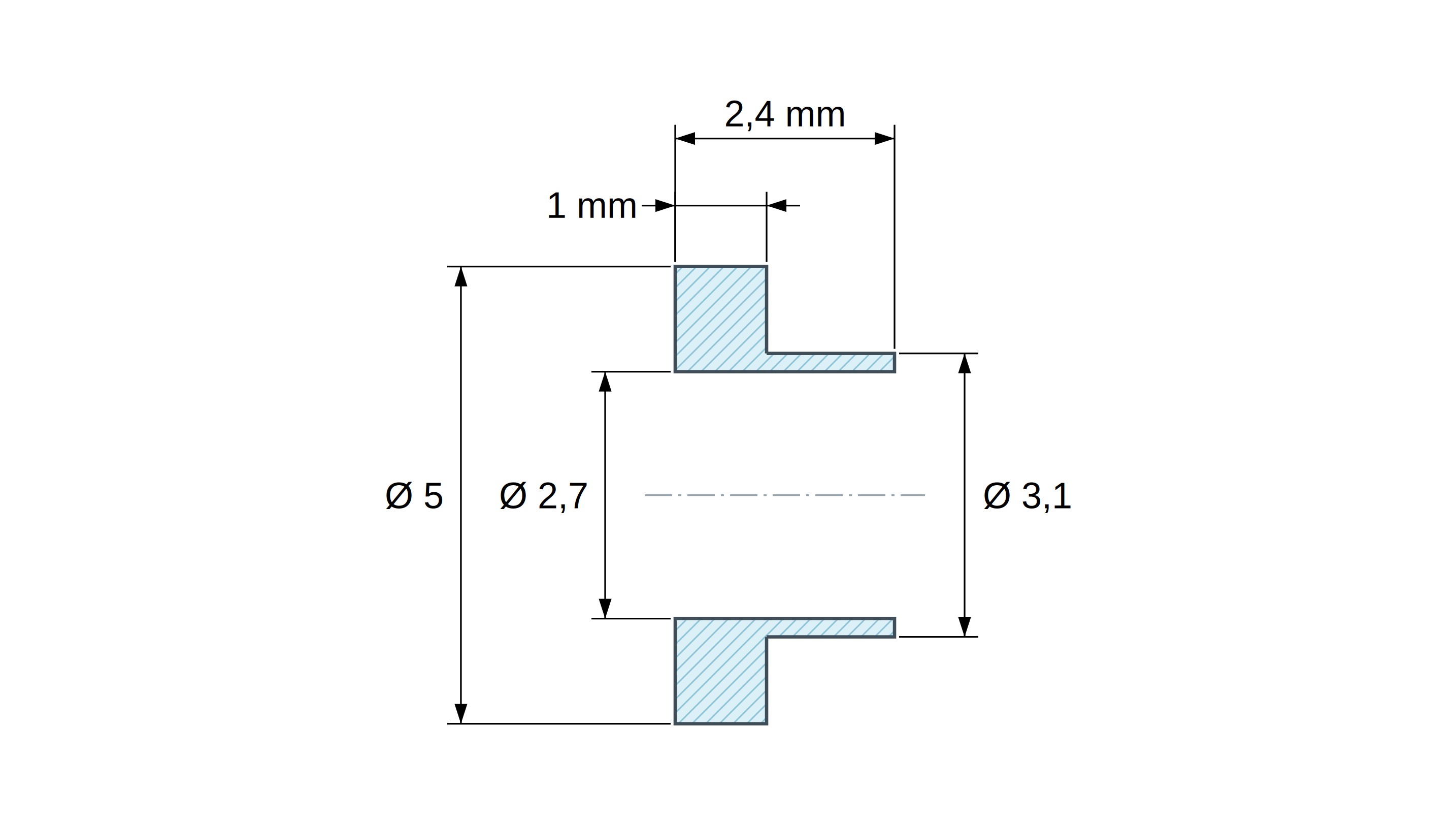 Boccola di isolamento flangiata Ø2,7x5mm, spallamento basso Ø3,1mm, nylon PA6.6 nero rinforzato con fibra di vetro UL94-HB