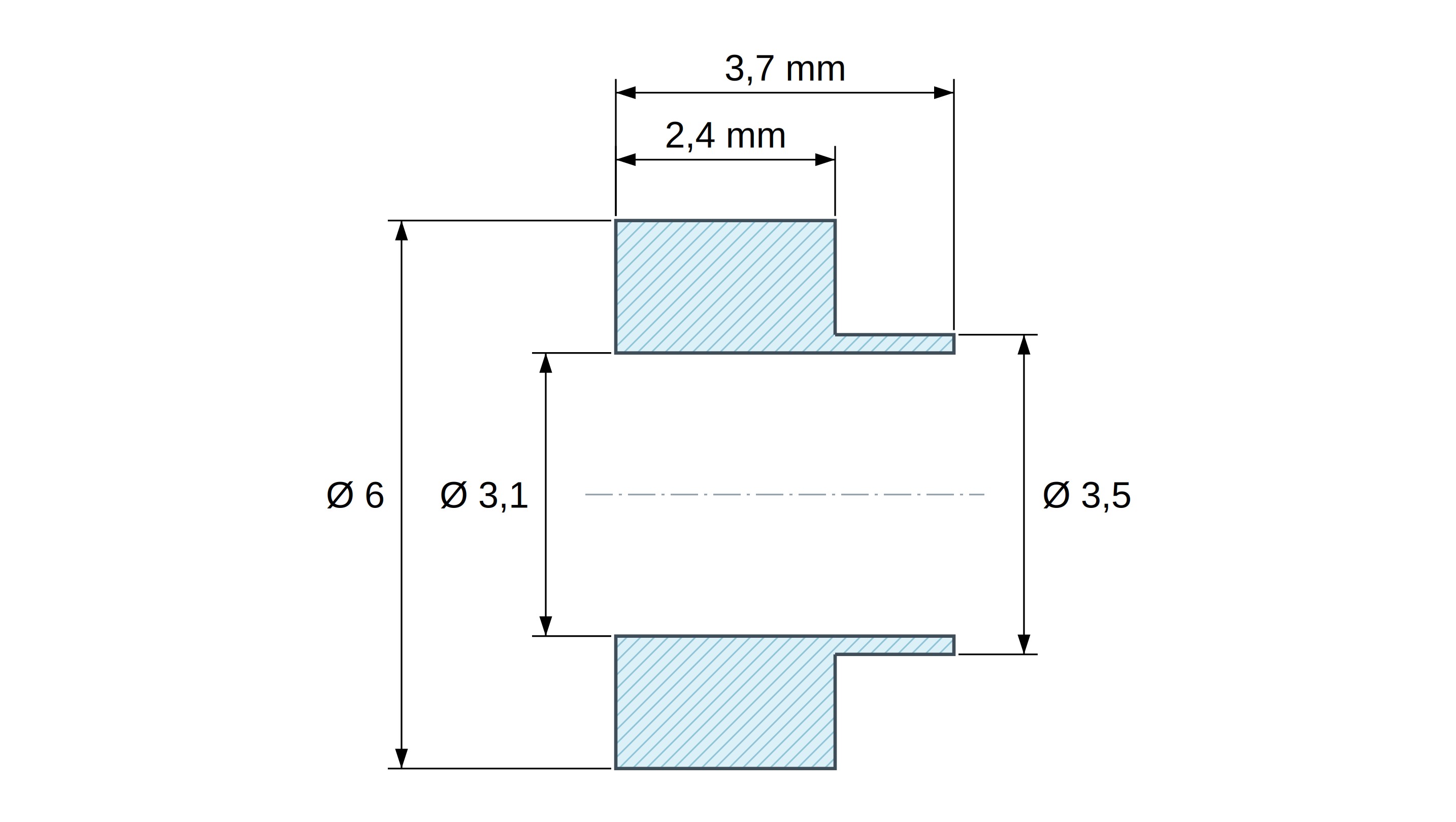 Boccola di isolamento flangiata Ø3,1x6mm, spallamento basso Ø3,5mm, nylon PA6.6 nero rinforzato con fibra di vetro UL94-HB