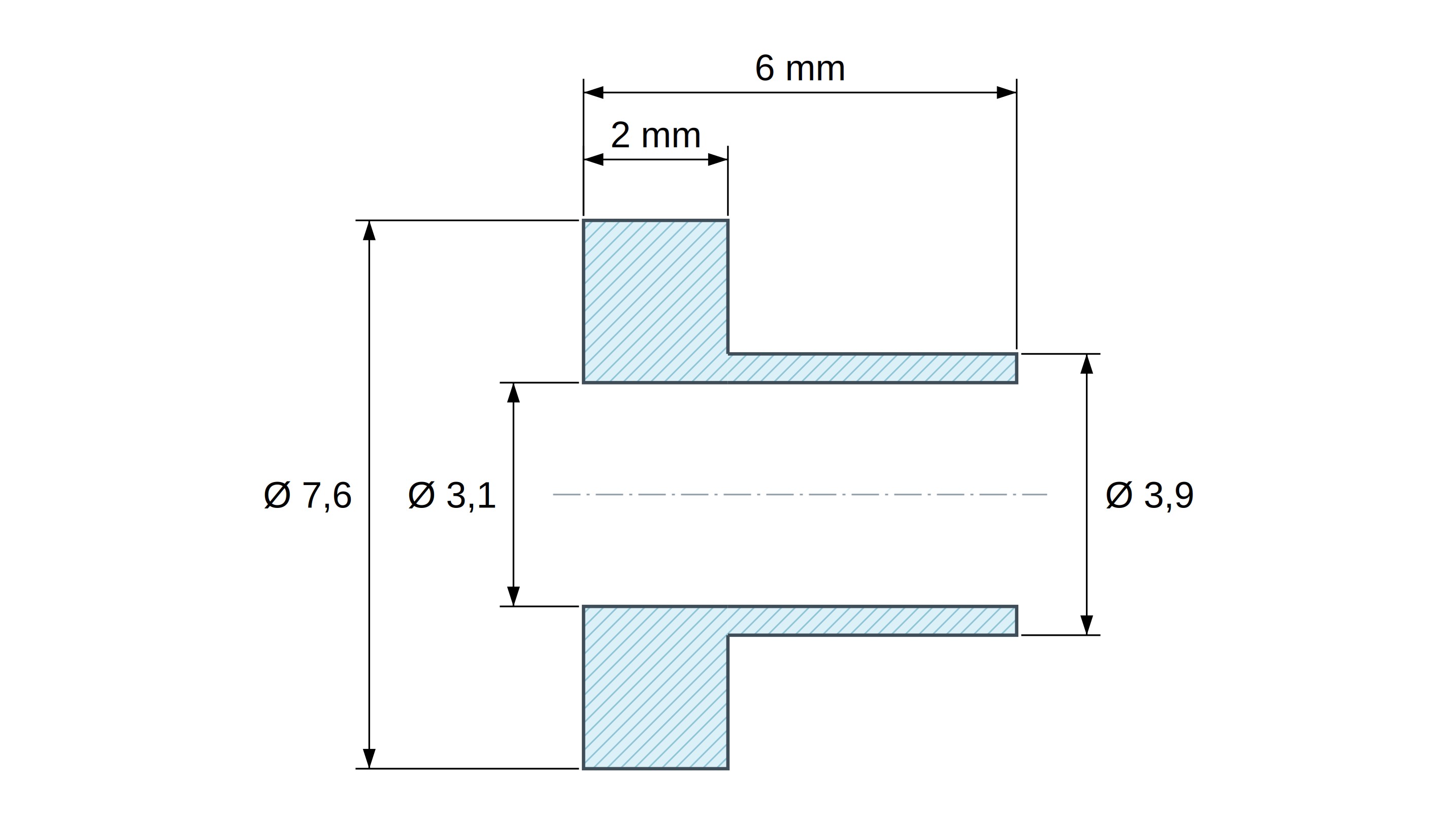 Boccola di isolamento flangiata Ø3,1x7,6mm, spallamento alto Ø3,9mm, nylon PA6.6 nero rinforzato con fibra di vetro UL94-HB