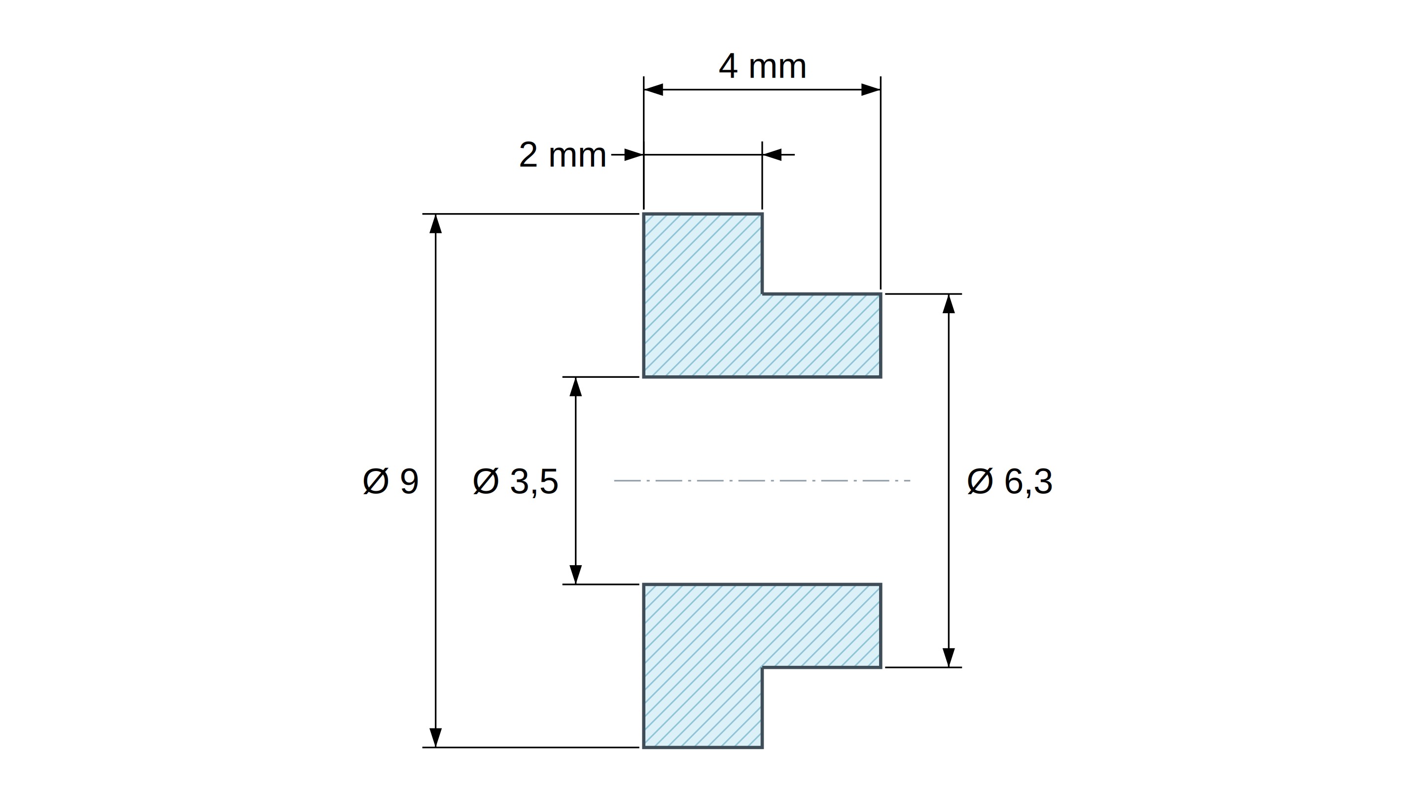 Boccola di isolamento flangiata Ø3,5x9mm, spallamento alto Ø6,3mm, nylon PA6.6 nero rinforzato con fibra di vetro UL94-HB
